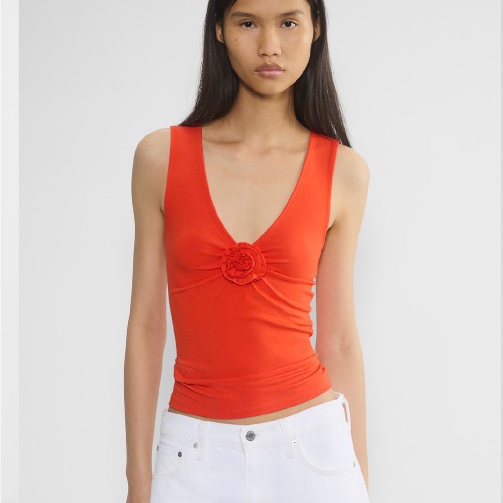 Aritzia Red Sleeveless V-Neck Tank with Rosette Detail